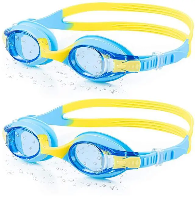 Main image of Portzon Unisex-Child Swim Goggles, Anti Fog No Leaking Clear Vision Water Pool Swimming Goggles, Blue/Yellow, Pack of 2