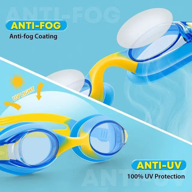 Alt view image 4 of 5 - Portzon Unisex-Child Swim Goggles, Anti Fog No Leaking Clear Vision Water Pool Swimming Goggles, Blue/Yellow, Pack of 2