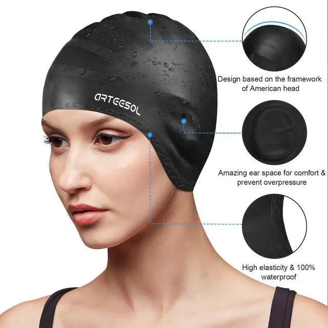 Alt view image 2 of 6 - Swimming Cap, Silicone Swim Cap for Women Men, Durable Non-Slip Waterproof Swim Cap Protect Ears, Long Hair for Adults, Older Kids