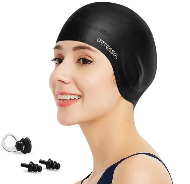 Main image of Swimming Cap, Silicone Swim Cap for Women Men, Durable Non-Slip Waterproof Swim Cap Protect Ears, Long Hair for Adults, Older Kids