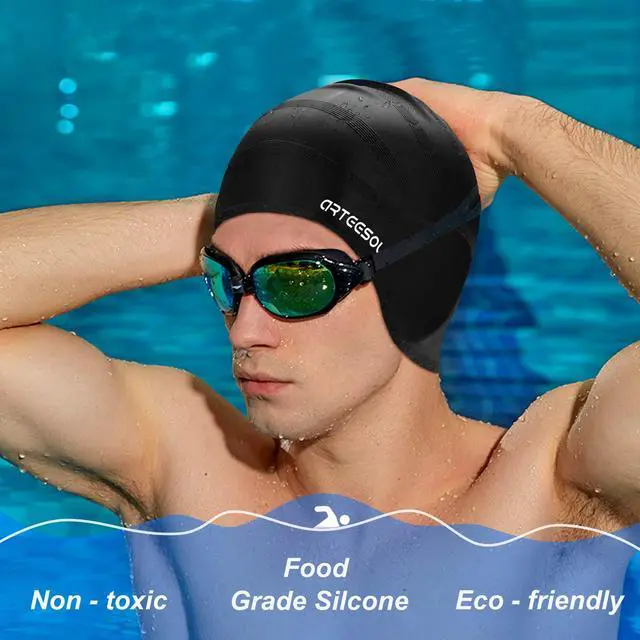 Alt view image 4 of 6 - Swimming Cap, Silicone Swim Cap for Women Men, Durable Non-Slip Waterproof Swim Cap Protect Ears, Long Hair for Adults, Older Kids