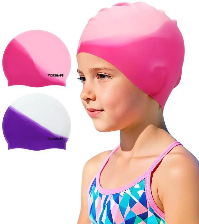 Main image of Swim Cap Kids (2 Pack), Durable Waterproof Swimming Cap for Girls Boys Teens Toddler Aged 3-8, Comfortable Fit Kid Swim Cap for Long Hair, Silicone Swim Caps for Kids, Bright Purple & Pink