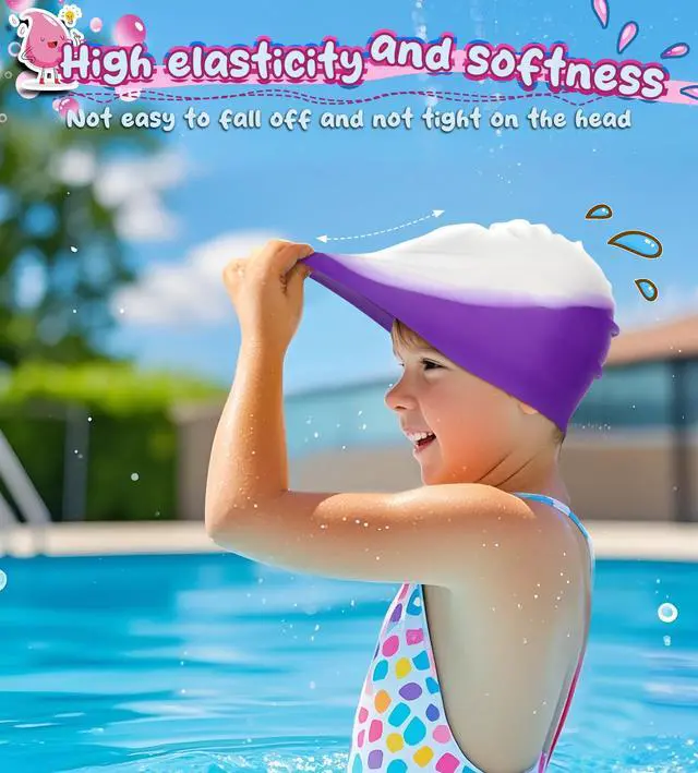 Alt view image 2 of 7 - Swim Cap Kids (2 Pack), Durable Waterproof Swimming Cap for Girls Boys Teens Toddler Aged 3-8, Comfortable Fit Kid Swim Cap for Long Hair, Silicone Swim Caps for Kids, Bright Purple & Pink