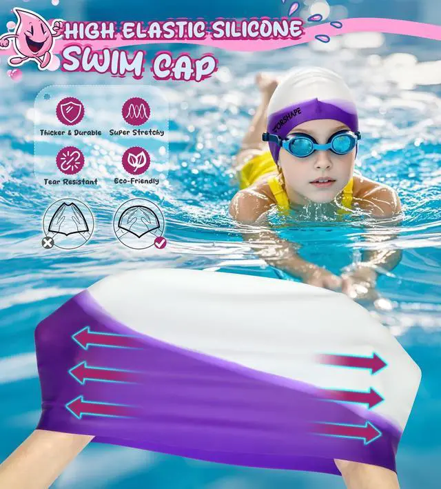 Alt view image 5 of 7 - Swim Cap Kids (2 Pack), Durable Waterproof Swimming Cap for Girls Boys Teens Toddler Aged 3-8, Comfortable Fit Kid Swim Cap for Long Hair, Silicone Swim Caps for Kids, Bright Purple & Pink