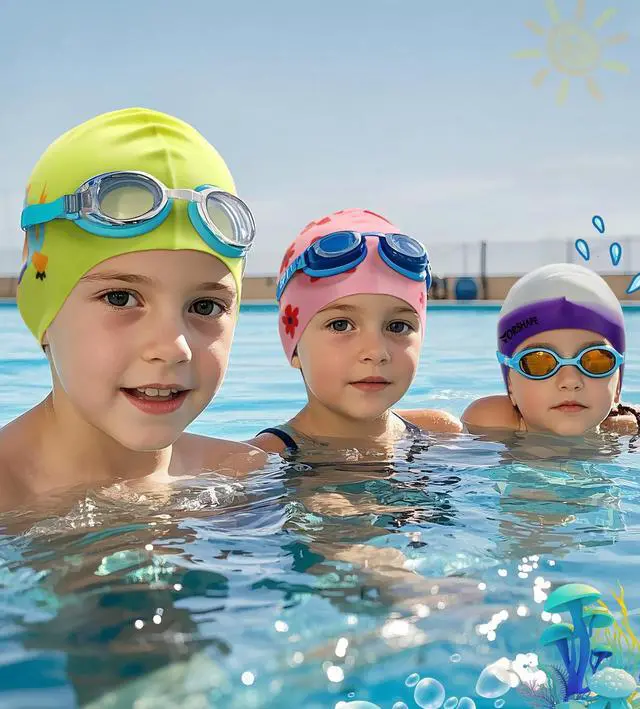 Alt view image 7 of 7 - Swim Cap Kids (2 Pack), Durable Waterproof Swimming Cap for Girls Boys Teens Toddler Aged 3-8, Comfortable Fit Kid Swim Cap for Long Hair, Silicone Swim Caps for Kids, Bright Purple & Pink