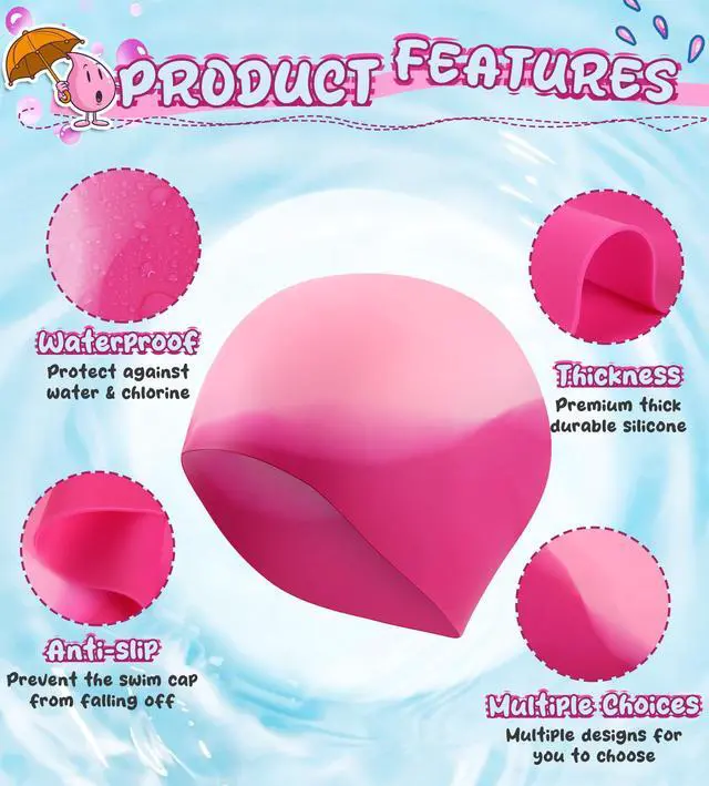 Alt view image 4 of 7 - Swim Cap Kids (2 Pack), Durable Waterproof Swimming Cap for Girls Boys Teens Toddler Aged 3-8, Comfortable Fit Kid Swim Cap for Long Hair, Silicone Swim Caps for Kids, Bright Purple & Pink