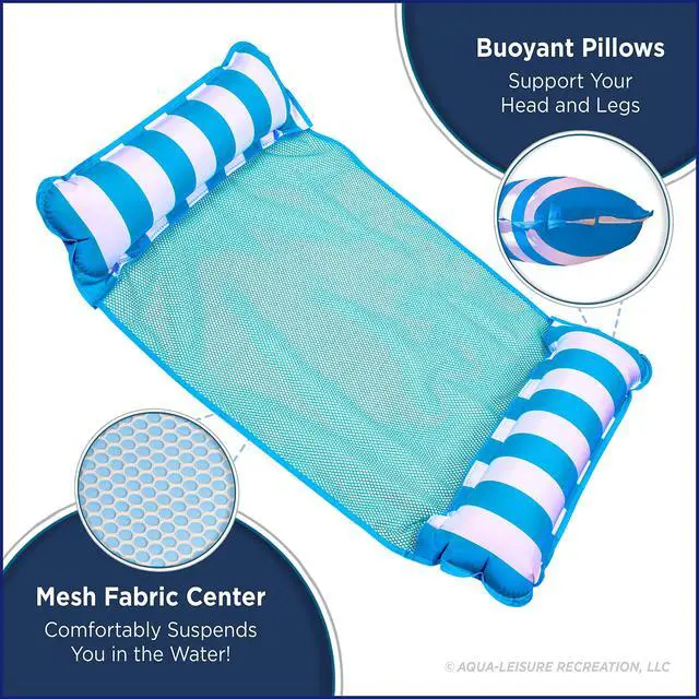 Alt view image 2 of 6 - 4-in-1 Monterey Hammock Pool Float & Water Hammock, Multi-Purpose, Inflatable Pool Floats for Adults, Patented Thick, Non-Stick PVC Material, One Light Blue & One Navy/White Stripe, 2-Pack