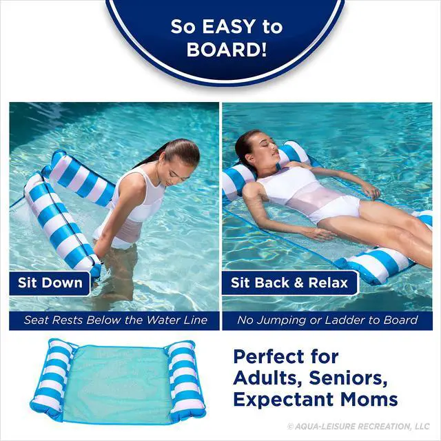 Alt view image 3 of 6 - 4-in-1 Monterey Hammock Pool Float & Water Hammock, Multi-Purpose, Inflatable Pool Floats for Adults, Patented Thick, Non-Stick PVC Material, One Light Blue & One Navy/White Stripe, 2-Pack