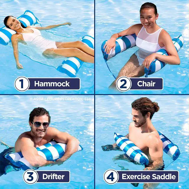 Alt view image 4 of 6 - 4-in-1 Monterey Hammock Pool Float & Water Hammock, Multi-Purpose, Inflatable Pool Floats for Adults, Patented Thick, Non-Stick PVC Material, One Light Blue & One Navy/White Stripe, 2-Pack