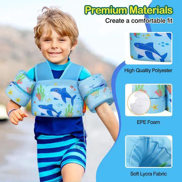 Alt view image 4 of 5 - Toddler Swim Vest for Kids, Swim Arm Floaties 22-66 lbs Boys and Girls Cartoon Swimming Water Wings Pool Float Vests Sleeves Shoulder Straps Arm Band for Children Learn to Swim, Blue Shark