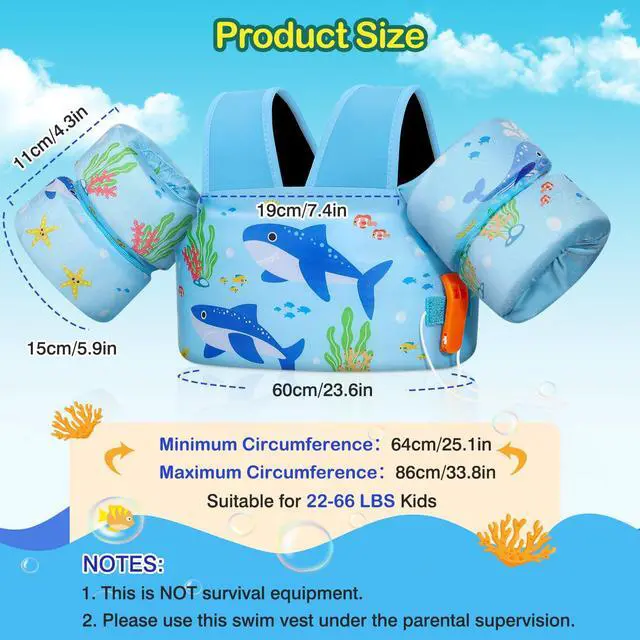 Alt view image 5 of 5 - Toddler Swim Vest for Kids, Swim Arm Floaties 22-66 lbs Boys and Girls Cartoon Swimming Water Wings Pool Float Vests Sleeves Shoulder Straps Arm Band for Children Learn to Swim, Blue Shark