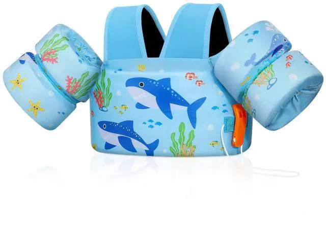 Main image of Toddler Swim Vest for Kids, Swim Arm Floaties 22-66 lbs Boys and Girls Cartoon Swimming Water Wings Pool Float Vests Sleeves Shoulder Straps Arm Band for Children Learn to Swim, Blue Shark