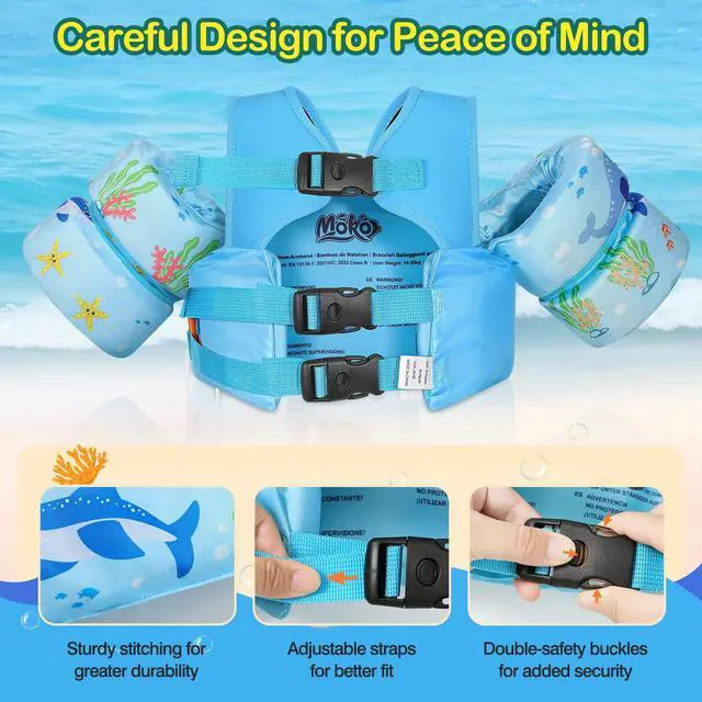 Alt view image 2 of 5 - Toddler Swim Vest for Kids, Swim Arm Floaties 22-66 lbs Boys and Girls Cartoon Swimming Water Wings Pool Float Vests Sleeves Shoulder Straps Arm Band for Children Learn to Swim, Blue Shark