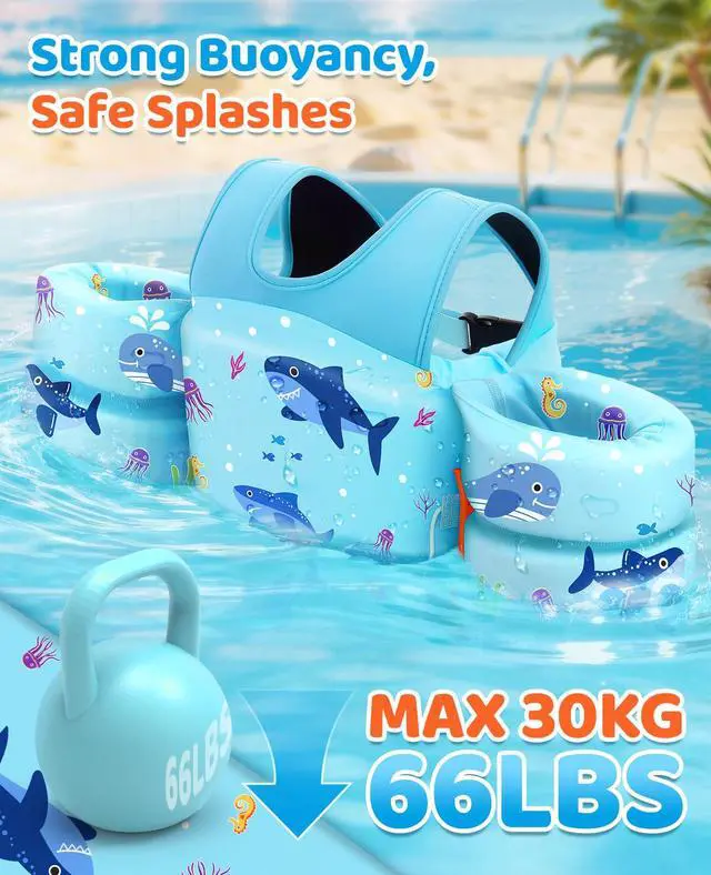 Alt view image 3 of 7 - Swim Vest for Kids, Toddler Pool Floaties Fit 33-66 Lbs, Children Swimming Vest with Adjustable Strap, Swim Jacket Water Wing Arm Float, Puddle Beach Boat Jumper Boy Girl,Blue Shark