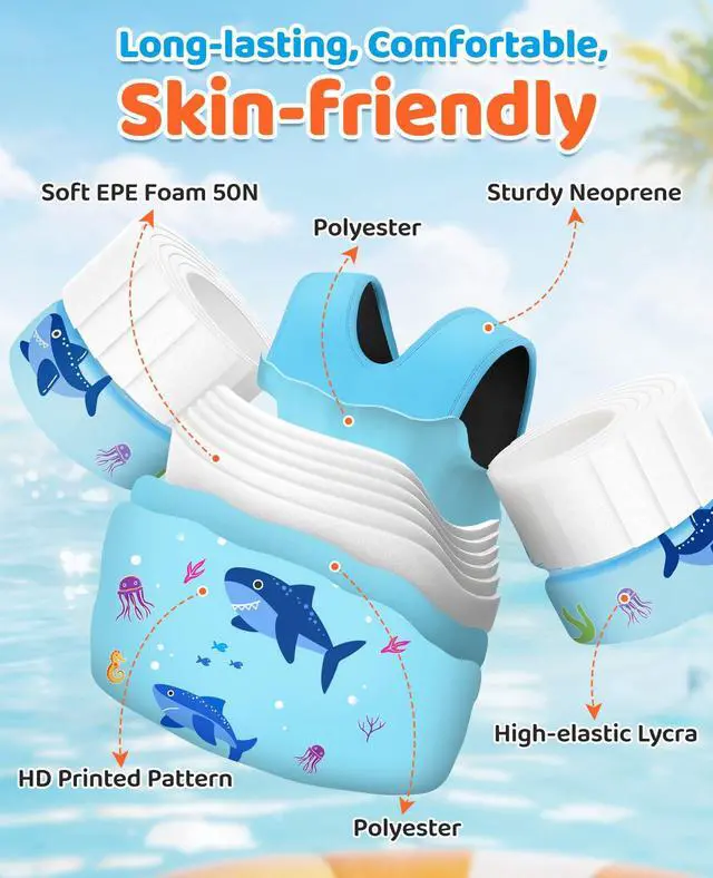 Alt view image 5 of 7 - Swim Vest for Kids, Toddler Pool Floaties Fit 33-66 Lbs, Children Swimming Vest with Adjustable Strap, Swim Jacket Water Wing Arm Float, Puddle Beach Boat Jumper Boy Girl,Blue Shark