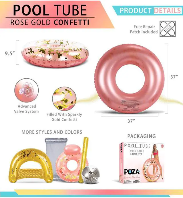Alt view image 2 of 7 - Inflatable Pool Float Tube Confetti 36 Inches Premium Swim Ring Heavy Duty Vinyl Flotation Pool Floats Toy for The Beach, Party, Vacation, UV Resistant - Pool Party (Rose Gold)