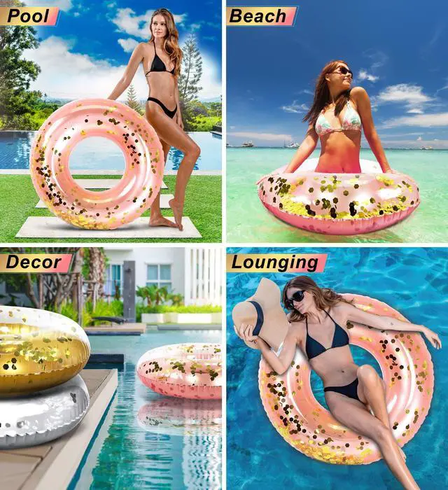 Alt view image 3 of 7 - Inflatable Pool Float Tube Confetti 36 Inches Premium Swim Ring Heavy Duty Vinyl Flotation Pool Floats Toy for The Beach, Party, Vacation, UV Resistant - Pool Party (Rose Gold)