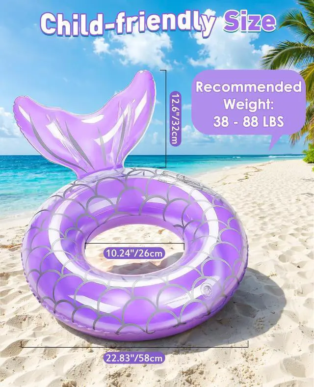 Alt view image 2 of 4 - Pool Floats Kids, Inflatable Swimming Ring Mermaid Tail Shaped Swim Tube Floaties, Summer Water Fun Beach Party Swimming Pool Toys for Kids Children Water Activities, Purple