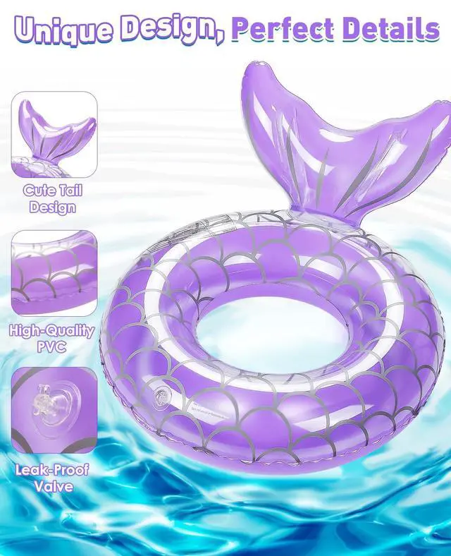 Alt view image 3 of 4 - Pool Floats Kids, Inflatable Swimming Ring Mermaid Tail Shaped Swim Tube Floaties, Summer Water Fun Beach Party Swimming Pool Toys for Kids Children Water Activities, Purple