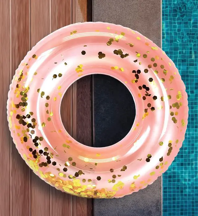 Alt view image 7 of 7 - Inflatable Pool Float Tube Confetti 36 Inches Premium Swim Ring Heavy Duty Vinyl Flotation Pool Floats Toy for The Beach, Party, Vacation, UV Resistant - Pool Party (Rose Gold)