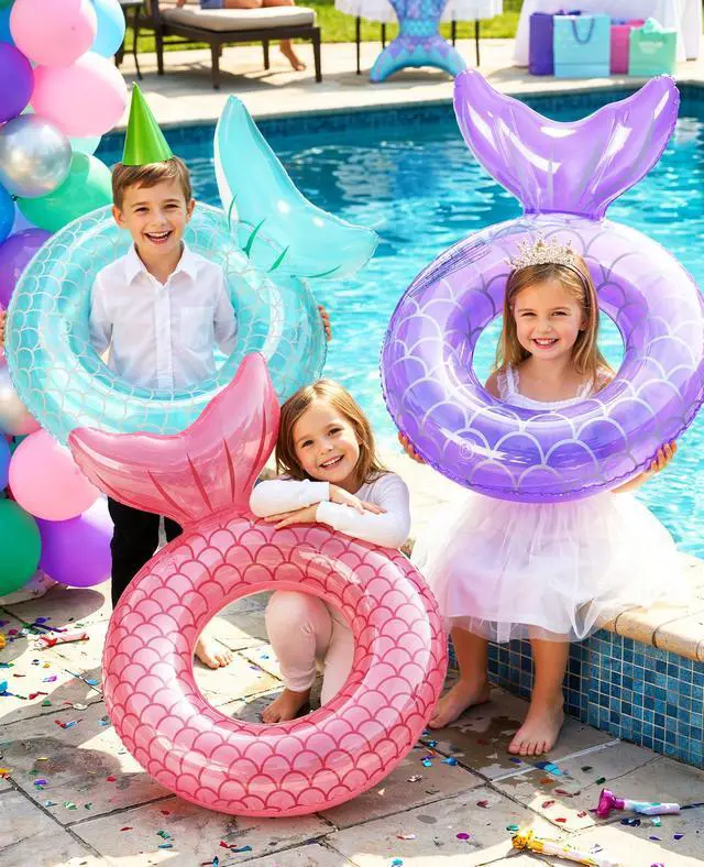 Alt view image 4 of 4 - Pool Floats Kids, Inflatable Swimming Ring Mermaid Tail Shaped Swim Tube Floaties, Summer Water Fun Beach Party Swimming Pool Toys for Kids Children Water Activities, Purple