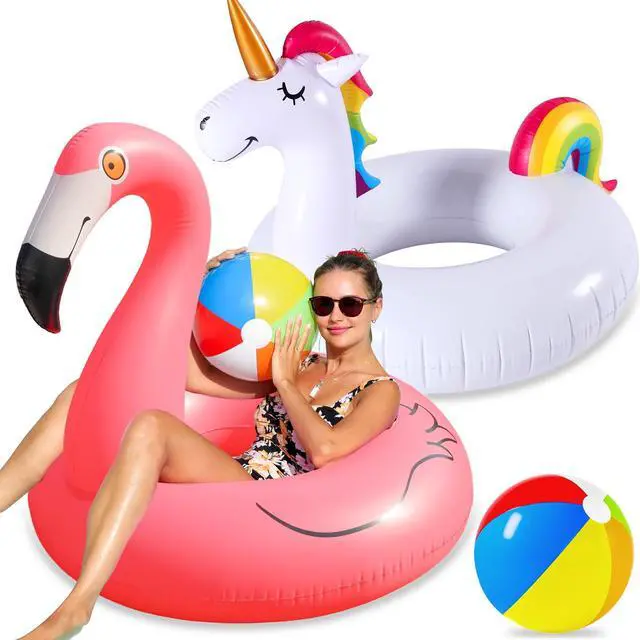 Main image of 2 Pack Pool Floats with 2Pcs Beach Balls, 46'' Flamingo Pool Float 57'' Large Unicorn Pool Floaties for Adult, Heavy Duty Inflatable Swimming Rings Pool Accessories for Pool Water Party