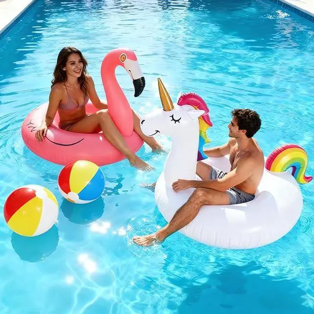 Alt view image 2 of 6 - 2 Pack Pool Floats with 2Pcs Beach Balls, 46'' Flamingo Pool Float 57'' Large Unicorn Pool Floaties for Adult, Heavy Duty Inflatable Swimming Rings Pool Accessories for Pool Water Party