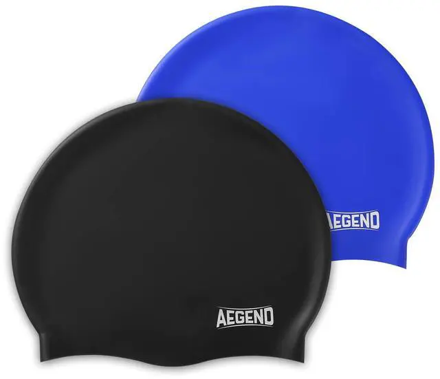 Main image of 2 Pack Kids Swim Cap for Girls Boys Age 8-15, Waterproof Swim Cap Durable Silicone Kids Swimming Cap for Long Hair, Black & Blue