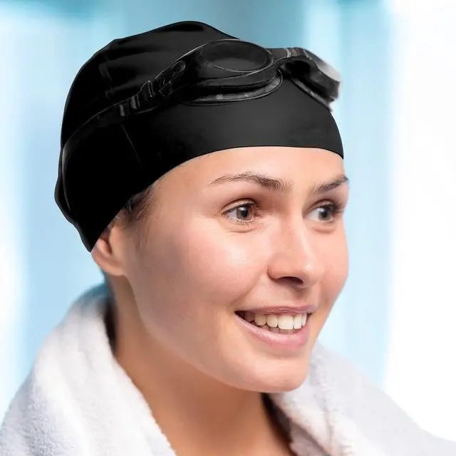 Alt view image 4 of 7 - 6 Pieces Unisex Adult Silicone Swim Cap Waterproof Swimming Hat Non Slip Pool Hat Elastic Silicone Cap for Long and Short Hair(Black)