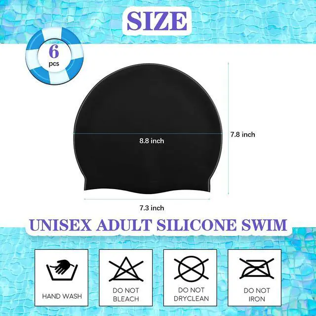 Alt view image 3 of 7 - 6 Pieces Unisex Adult Silicone Swim Cap Waterproof Swimming Hat Non Slip Pool Hat Elastic Silicone Cap for Long and Short Hair(Black)