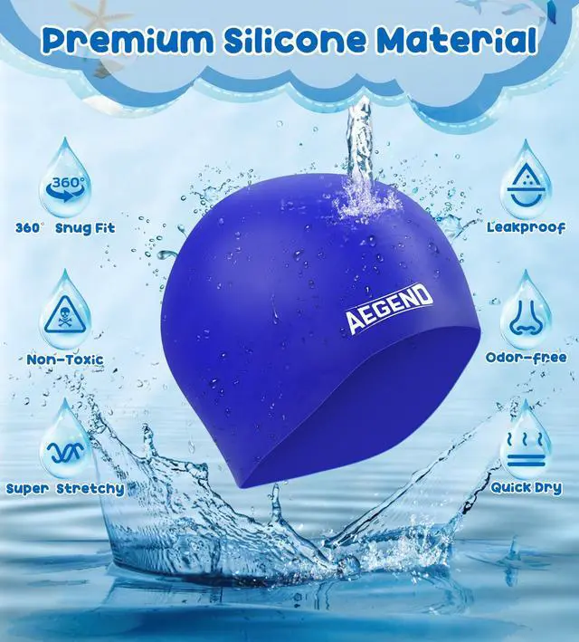 Alt view image 2 of 7 - 2 Pack Kids Swim Cap for Girls Boys Age 8-15, Waterproof Swim Cap Durable Silicone Kids Swimming Cap for Long Hair, Black & Blue