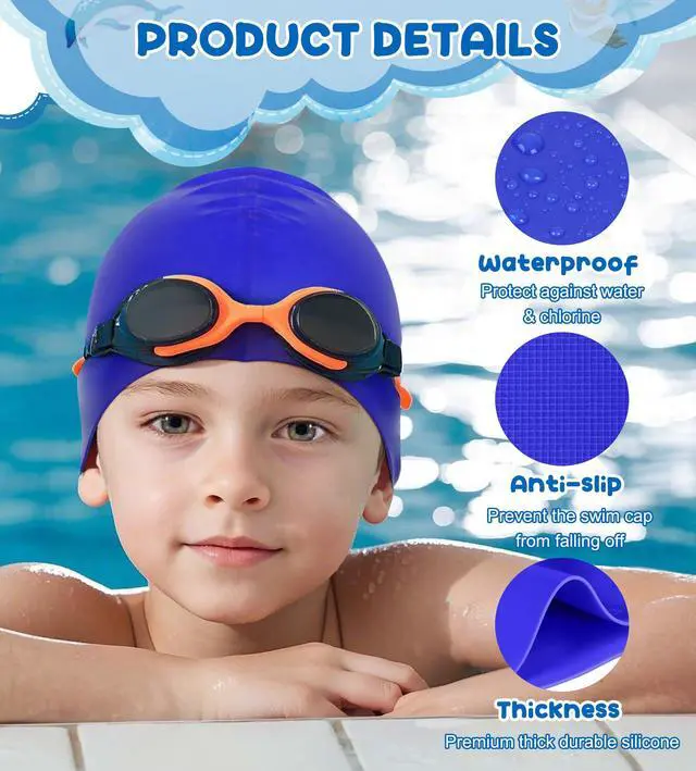 Alt view image 5 of 7 - 2 Pack Kids Swim Cap for Girls Boys Age 8-15, Waterproof Swim Cap Durable Silicone Kids Swimming Cap for Long Hair, Black & Blue