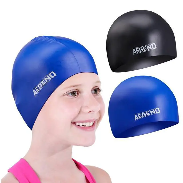 Alt view image 7 of 7 - 2 Pack Kids Swim Cap for Girls Boys Age 8-15, Waterproof Swim Cap Durable Silicone Kids Swimming Cap for Long Hair, Black & Blue