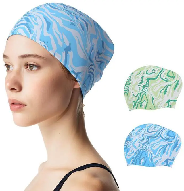 Main image of 2 Pack Swim Cap Women Adult - Stylish Silicone Swim Cap for Long Hair - Waterproof Swim Caps for Girls Women - Comfortable Fit for PoolBlue+Green