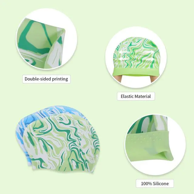 Alt view image 4 of 7 - 2 Pack Swim Cap Women Adult - Stylish Silicone Swim Cap for Long Hair - Waterproof Swim Caps for Girls Women - Comfortable Fit for PoolBlue+Green