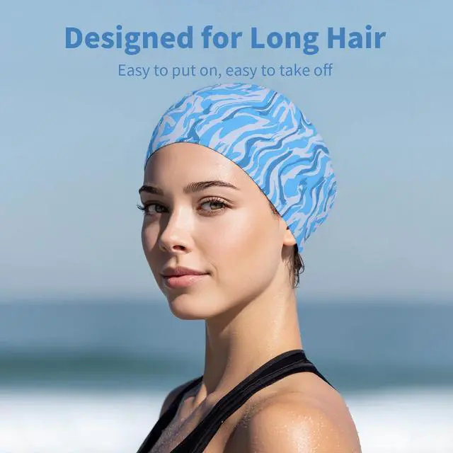 Alt view image 6 of 7 - 2 Pack Swim Cap Women Adult - Stylish Silicone Swim Cap for Long Hair - Waterproof Swim Caps for Girls Women - Comfortable Fit for PoolBlue+Green