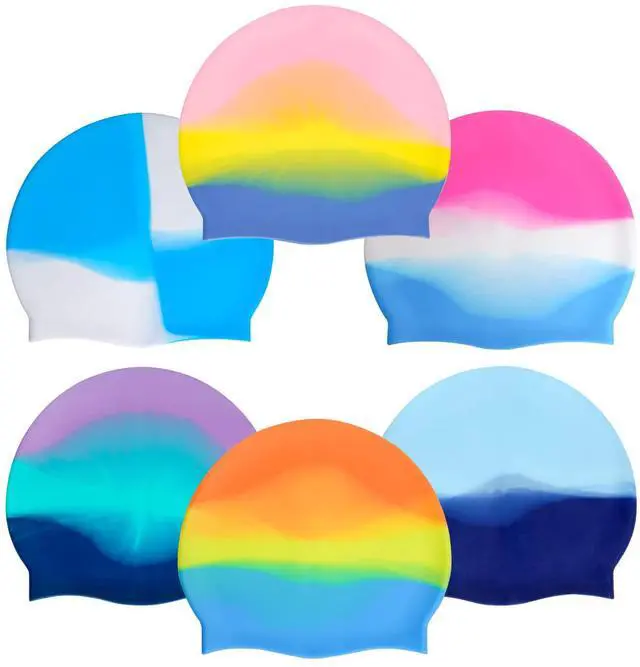 Main image of 6pcs Silicone Swim Cap for Boys Girls Silicone Kids Swimming Cap Women Men Small Head Swimming Pool Swimming Cap for Long Hair Short Hair Multi Color Unisex Bath Silione