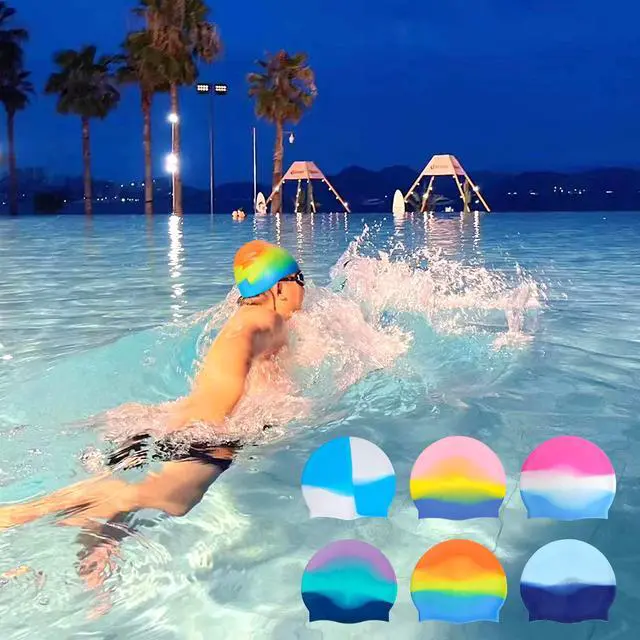 Alt view image 6 of 7 - 6pcs Silicone Swim Cap for Boys Girls Silicone Kids Swimming Cap Women Men Small Head Swimming Pool Swimming Cap for Long Hair Short Hair Multi Color Unisex Bath Silione