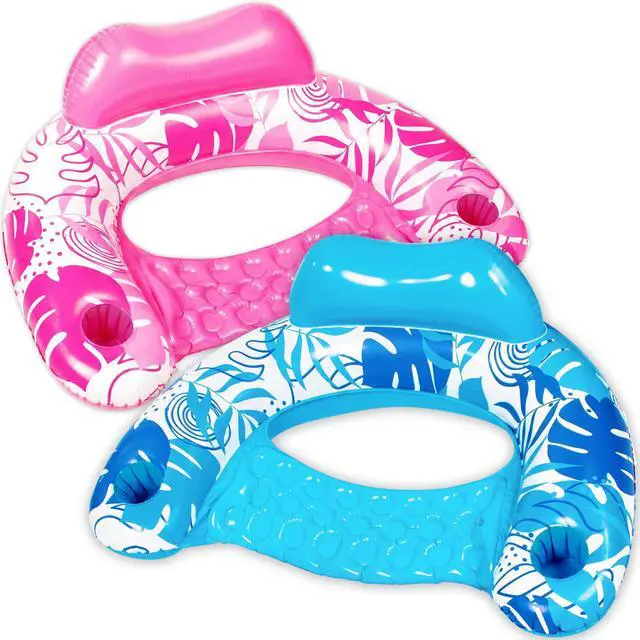 Main image of Inflatable Pool Floats Adult,2 Pack X-Large Pool Chairs with Cup Holders,Blow up Floats Chair,Hammock Noodle Mat Leaves Design for Relaxing Summer Water Fun Swimming Party Beach,Blue,Pink