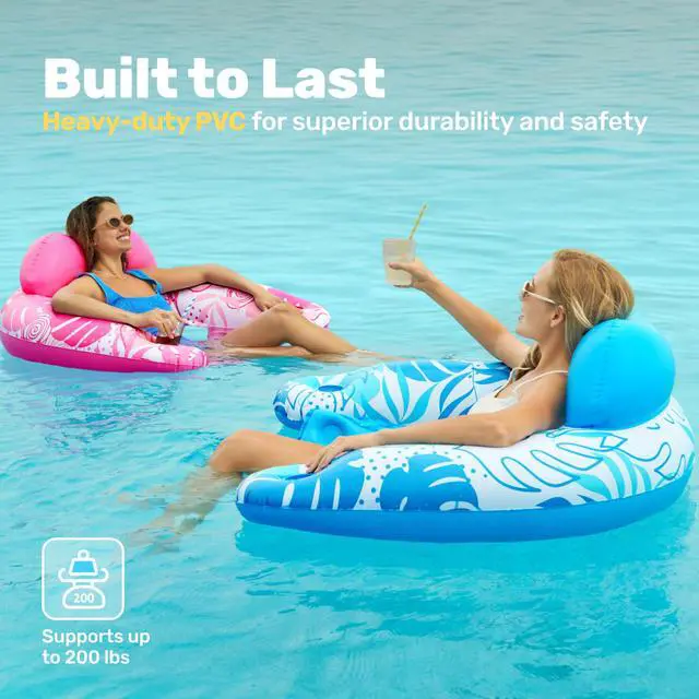 Alt view image 4 of 7 - Inflatable Pool Floats Adult,2 Pack X-Large Pool Chairs with Cup Holders,Blow up Floats Chair,Hammock Noodle Mat Leaves Design for Relaxing Summer Water Fun Swimming Party Beach,Blue,Pink