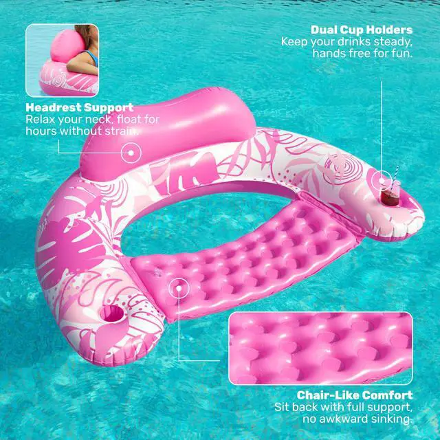 Alt view image 3 of 7 - Inflatable Pool Floats Adult,2 Pack X-Large Pool Chairs with Cup Holders,Blow up Floats Chair,Hammock Noodle Mat Leaves Design for Relaxing Summer Water Fun Swimming Party Beach,Blue,Pink