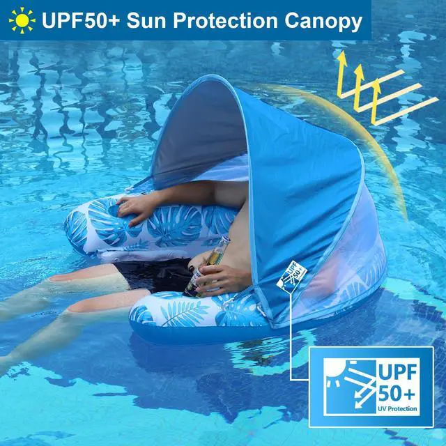 Alt view image 2 of 7 - Pool Float with Canopy for Adults - XL Inflatable Lounge Chair with Adjustable Sun Shade Cover, Drink Cup Holder, Ergonomic Headrest