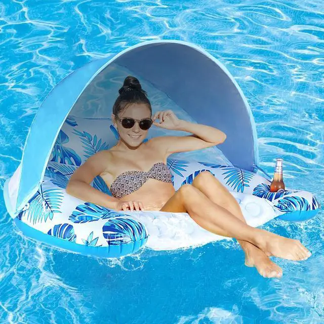 Main image of Pool Float with Canopy for Adults - XL Inflatable Lounge Chair with Adjustable Sun Shade Cover, Drink Cup Holder, Ergonomic Headrest