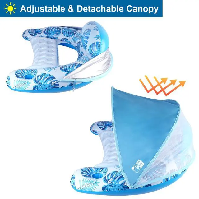 Alt view image 3 of 7 - Pool Float with Canopy for Adults - XL Inflatable Lounge Chair with Adjustable Sun Shade Cover, Drink Cup Holder, Ergonomic Headrest