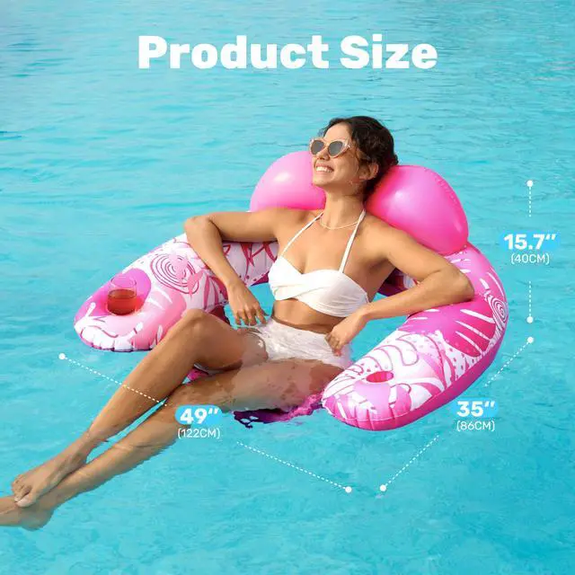 Alt view image 7 of 7 - Inflatable Pool Floats Adult,2 Pack X-Large Pool Chairs with Cup Holders,Blow up Floats Chair,Hammock Noodle Mat Leaves Design for Relaxing Summer Water Fun Swimming Party Beach,Blue,Pink