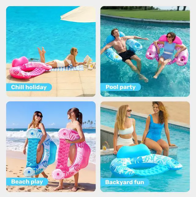 Alt view image 6 of 7 - Inflatable Pool Floats Adult,2 Pack X-Large Pool Chairs with Cup Holders,Blow up Floats Chair,Hammock Noodle Mat Leaves Design for Relaxing Summer Water Fun Swimming Party Beach,Blue,Pink