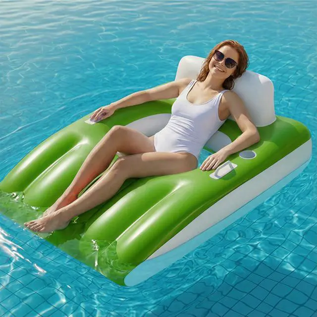 Main image of Inflatable Pool Lounge Floats Adult, Large Swimming Pool Sofa Floaties, Beach Tanning Recliner Floating Mesh Chair Cup Holder, Blow Up Lake River Floaty Tube, Summer Water Party Toy-Green-L