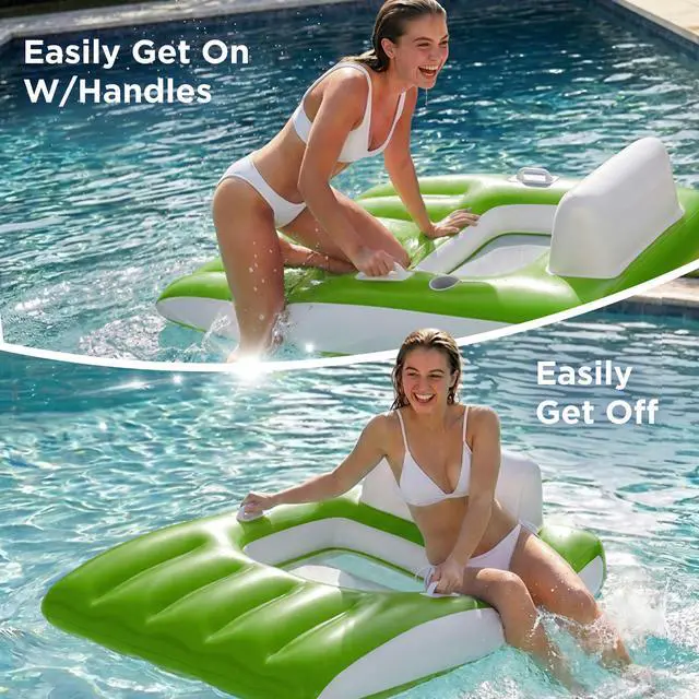 Alt view image 5 of 7 - Inflatable Pool Lounge Floats Adult, Large Swimming Pool Sofa Floaties, Beach Tanning Recliner Floating Mesh Chair Cup Holder, Blow Up Lake River Floaty Tube, Summer Water Party Toy-Green-L