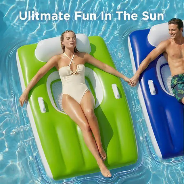 Alt view image 6 of 7 - Inflatable Pool Lounge Floats Adult, Large Swimming Pool Sofa Floaties, Beach Tanning Recliner Floating Mesh Chair Cup Holder, Blow Up Lake River Floaty Tube, Summer Water Party Toy-Green-L