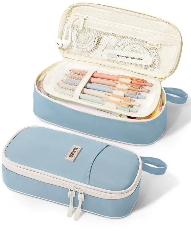 Main image of Cute Pencil Case, Aesthetic Pen Pouch, Colored Large Pencil Bag with Zipper, Kawaii Stationery Storage and Organizer, School Supplies for Teen and Adult Girls, Blue